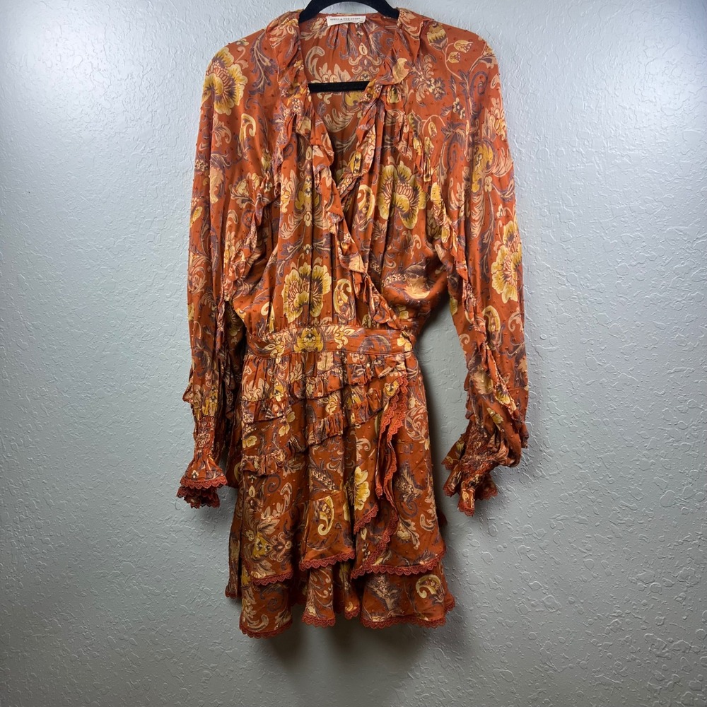 Spell & The Gypsy Mini Dress Boho Women Concert Ruffle Floral XL Orange Paisle